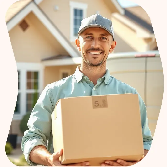 Two removalists moving boxes up stairs