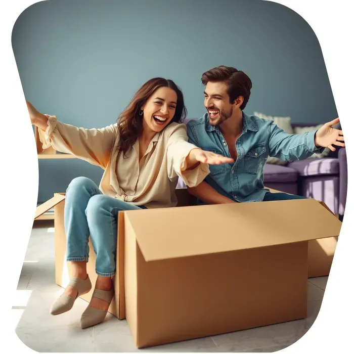 Two guys sitting on the floor of their apartment with Muval moving boxes